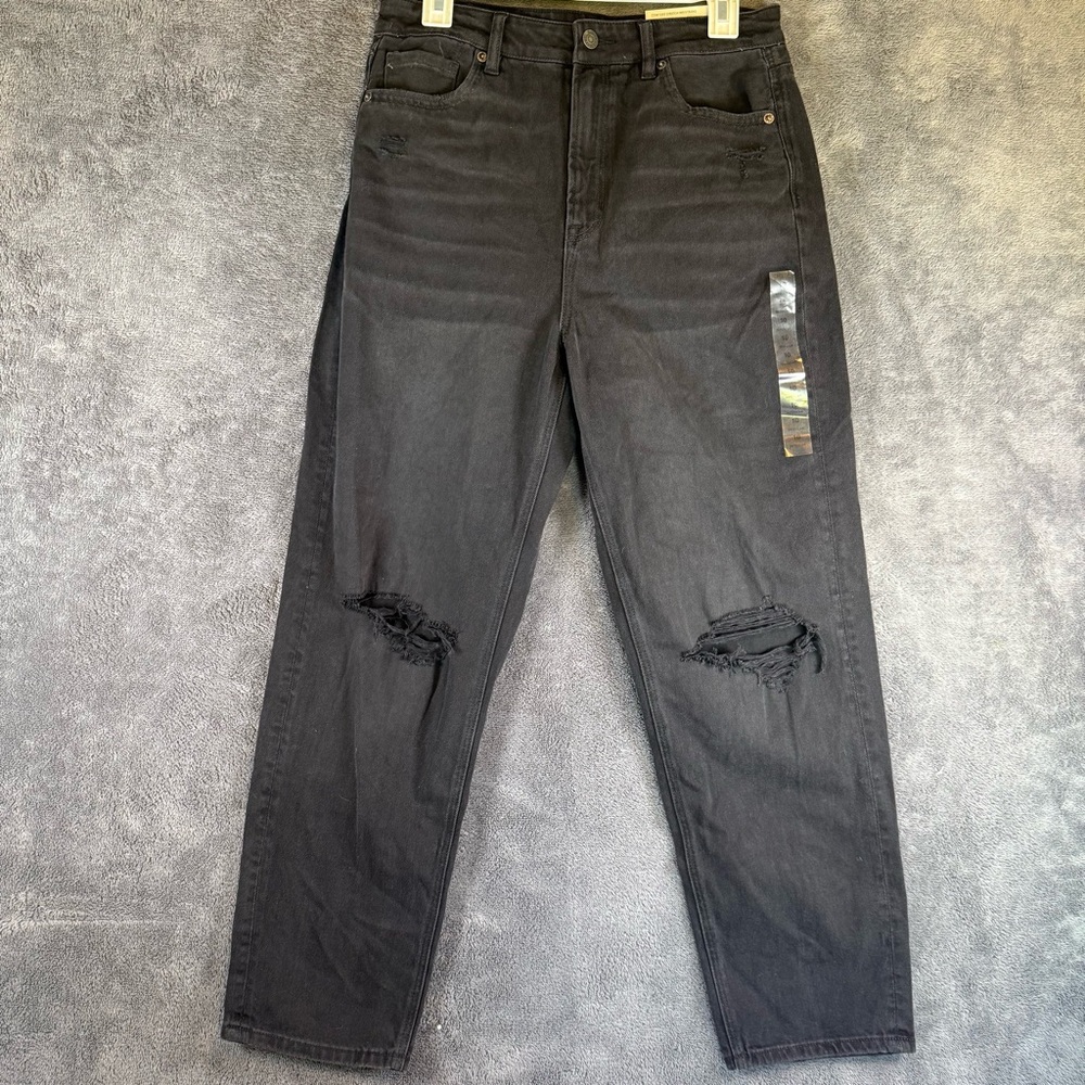 American Eagle Strigid Mom Jeans Black Distressed Ripped Denim Womens 10 Regular